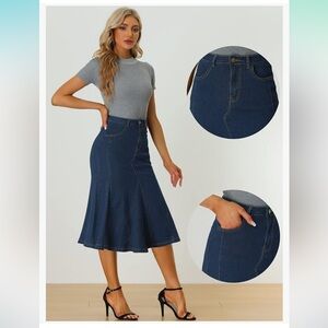Fishtail style Jean skirt Denim‎ Skirt for High Waisted A-Line Flared Midi Skirt